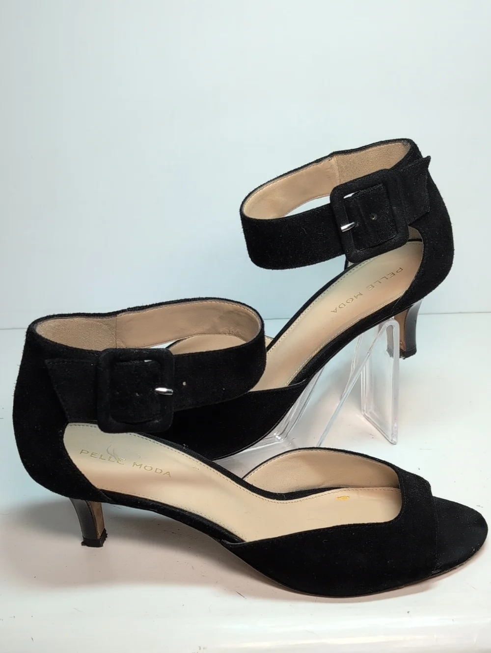 Pelle Moda Black Suede Peep-Toe Ankle Strap Heels womans size 9